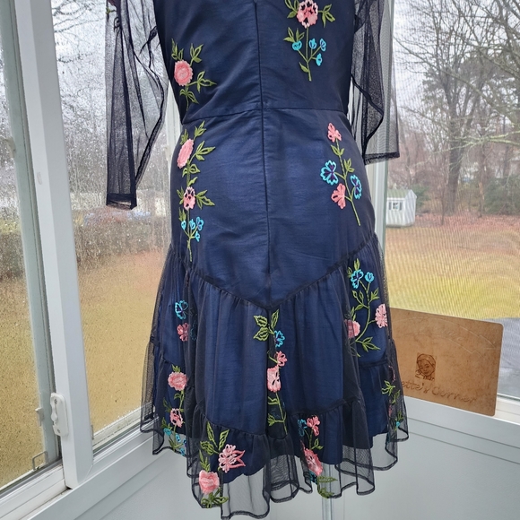 Wayward Fancies Floral Embroidery Black Sheer Tiered Tulle & Blue Dupioni Dress - Picture 12 of 16